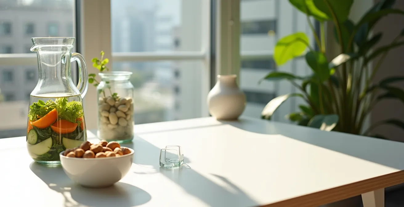 Büroarbeitsplatz mit Wasserflasche und gesunden Snacks zur Vermeidung des Nachmittagstiefs