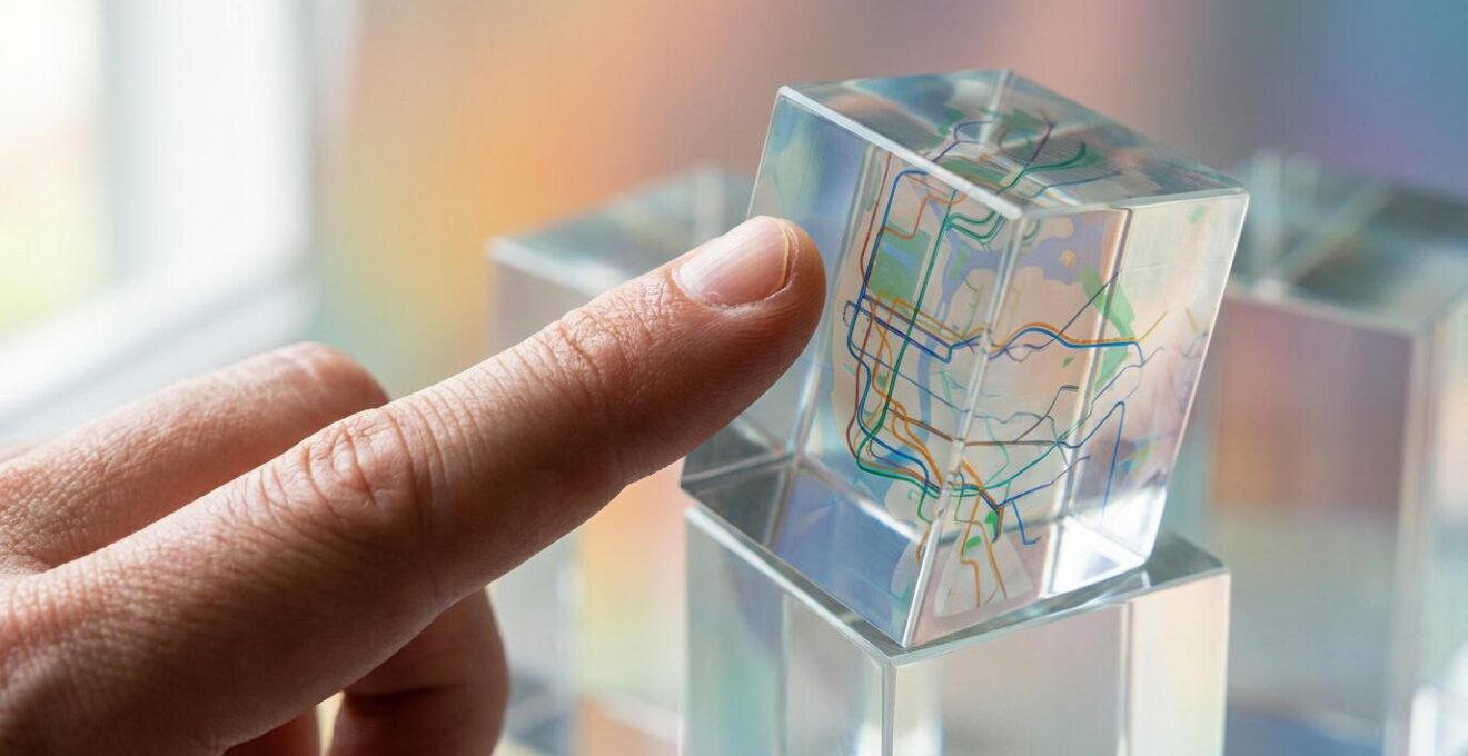 Nahaufnahme von Händen mit verschiedenen Mobilitäts-Apps auf abstrakten Bildschirmen