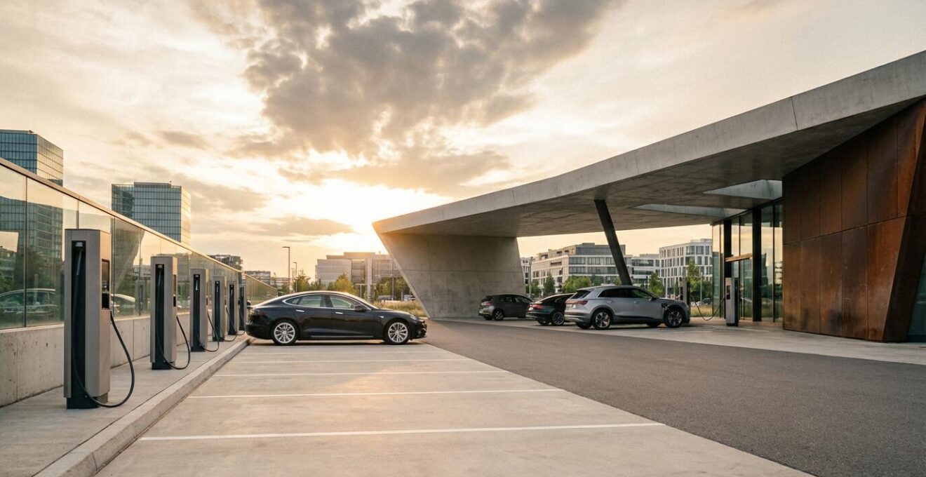 Moderne Elektroauto-Ladestation mit mehreren Fahrzeugen in deutscher Stadtumgebung bei Sonnenuntergang