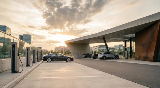 Moderne Elektroauto-Ladestation mit mehreren Fahrzeugen in deutscher Stadtumgebung bei Sonnenuntergang