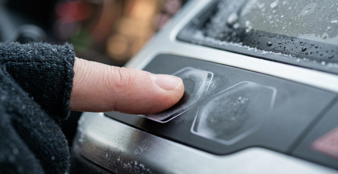 Nahaufnahme einer Hand bei der Bedienung eines futuristischen Fahrzeug-Interfaces zur Ladeplanung