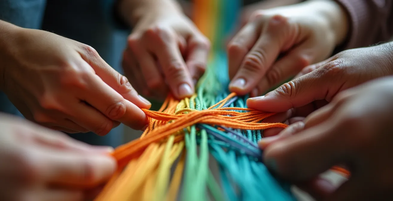 Makroaufnahme von Händen, die gemeinsam ein Netzwerk aus bunten Fäden spannen