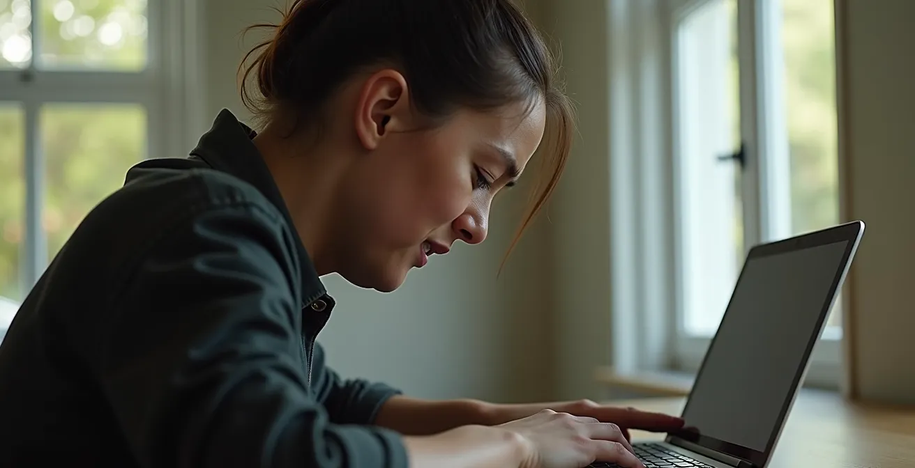 Nahaufnahme der falschen Körperhaltung am Esstisch versus ergonomischer Bürostuhl