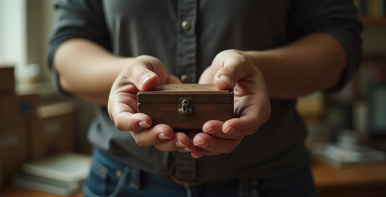 Hände halten liebevoll einen alten Gegenstand vor dem Loslassen