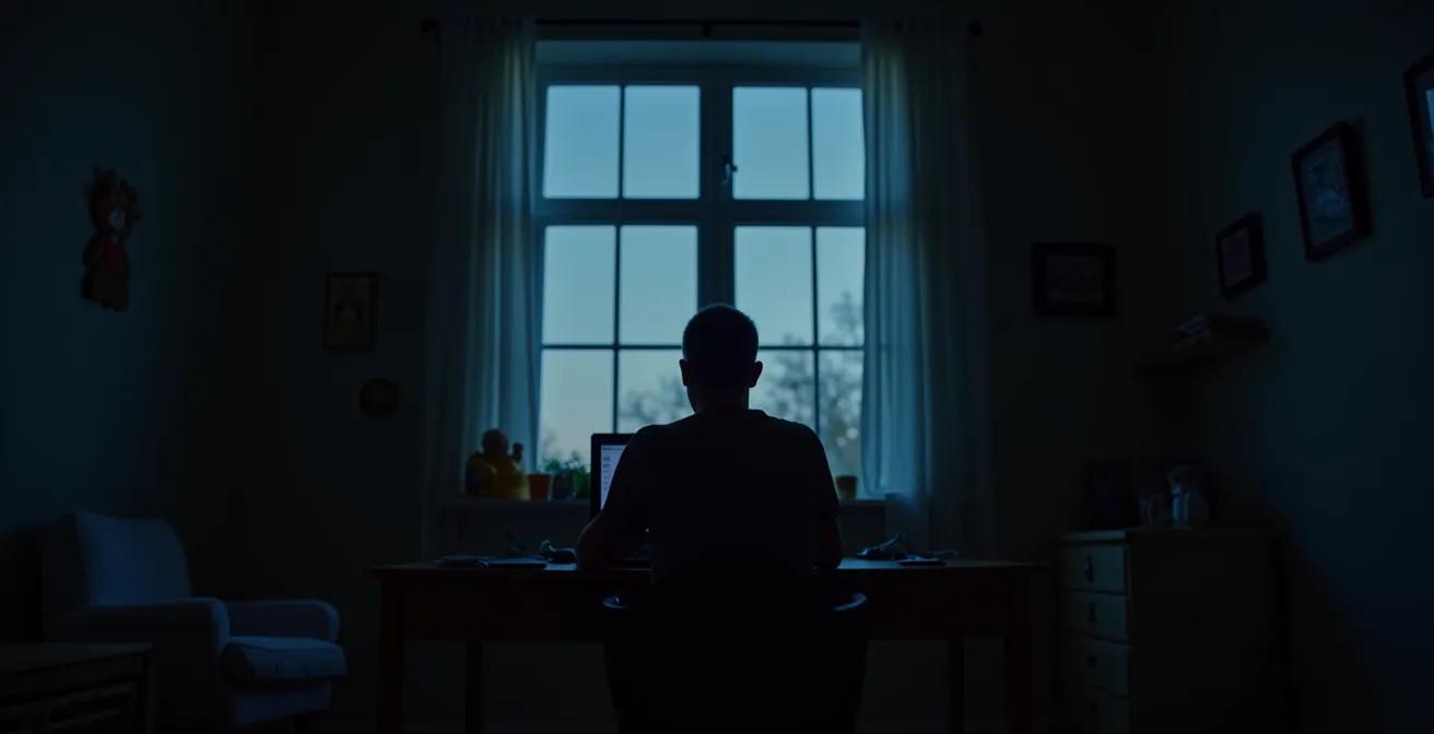 Überlastete Person am Laptop in den späten Abendstunden zu Hause