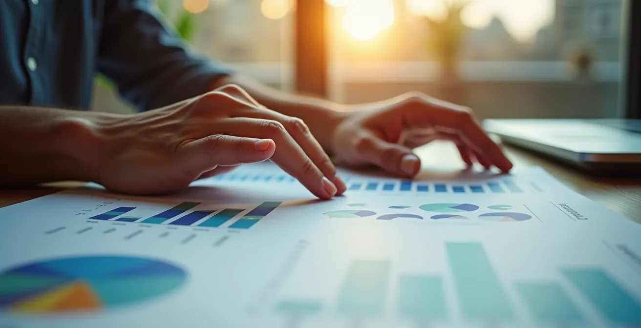 Nahaufnahme von Händen die mit Tabellenkalkulation arbeiten, abstrakte Datenmuster im Hintergrund