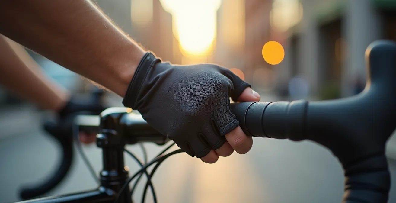 Berufstätige Person mit Fahrrad und Rucksack auf dem Weg zur Arbeit in städtischer Umgebung