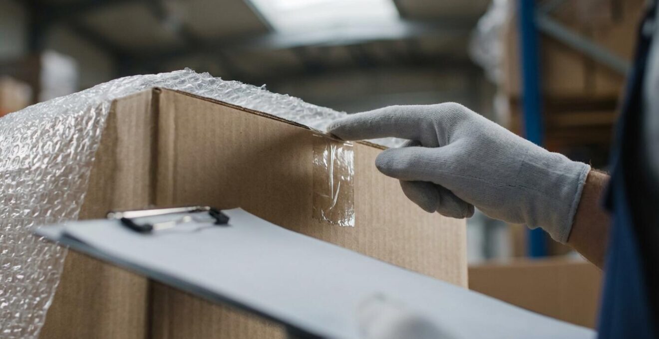 Detailaufnahme einer Qualitätsprüfung im Fulfillment-Lager mit Checkliste und verpackten Produkten