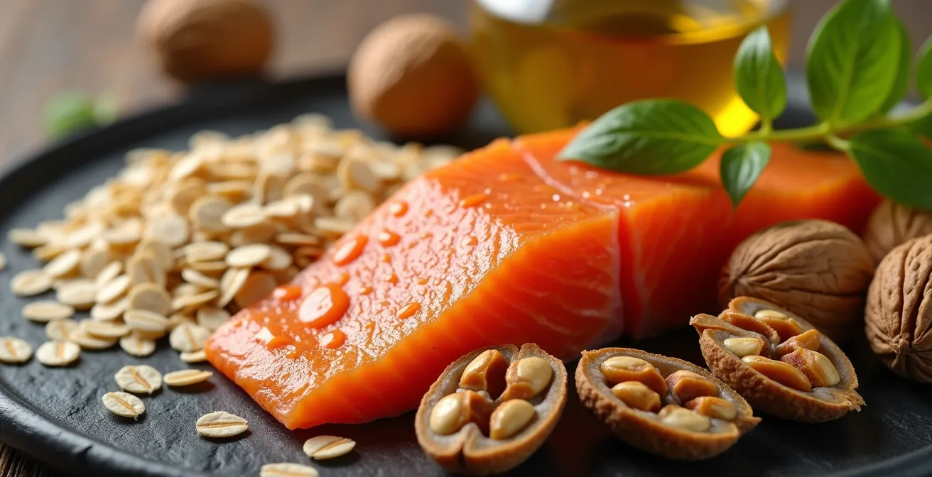 Nahaufnahme von herzgesunden deutschen Lebensmitteln wie Haferflocken, Walnüssen und Rapsöl.