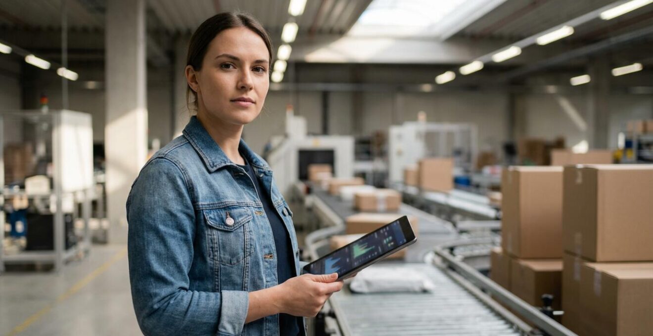 Junger Online-Händler in modernem Fulfillment-Center mit Versandkartons und digitalem Tablet