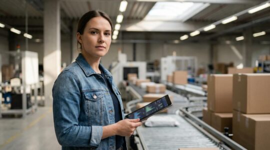 Junger Online-Händler in modernem Fulfillment-Center mit Versandkartons und digitalem Tablet