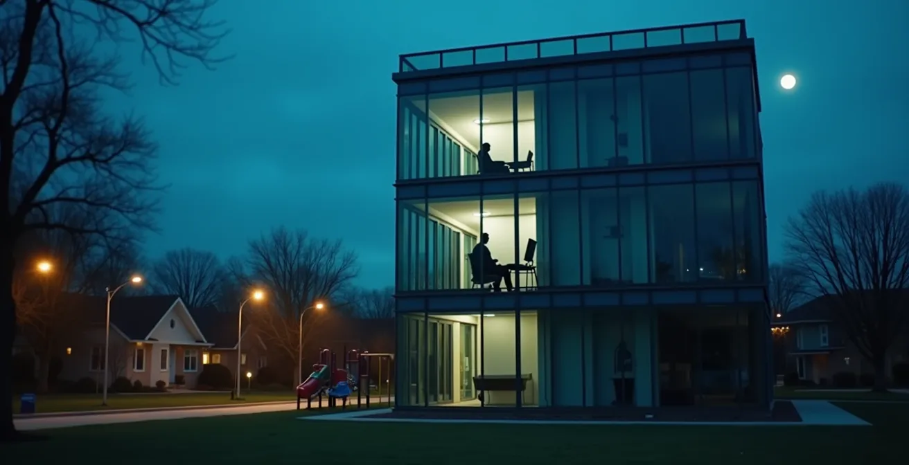 Führungskraft am späten Abend allein im beleuchteten Büroturm, während draussen Familienleben sichtbar ist