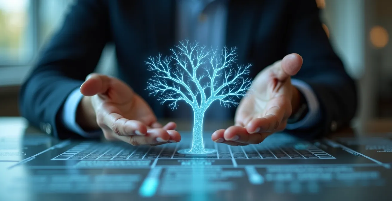Nahaufnahme der Hände einer Person, die über einem leuchtenden, abstrakten Entscheidungsbaum schweben, der die zunehmende Komplexität bei der Wahl von Automatisierungstools darstellt.