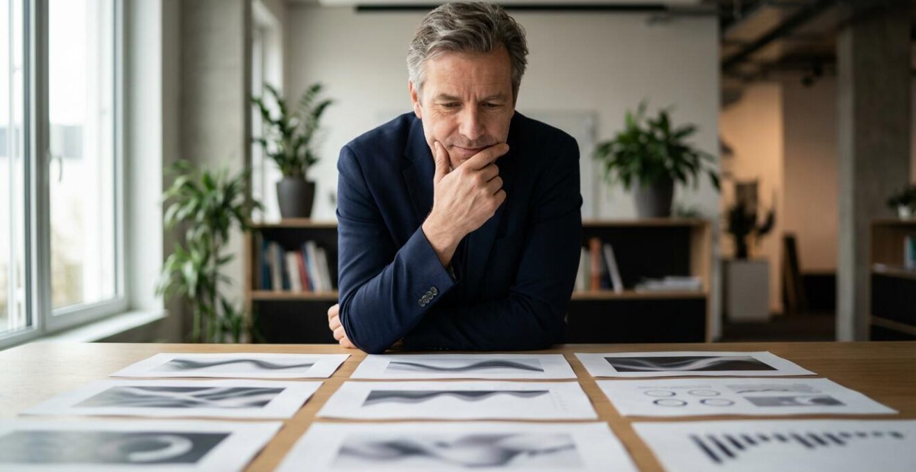 Mann mittleren Alters analysiert nachdenklich Dokumente mit Grafiken zur Kosten-Nutzen-Rechnung von Fahrassistenzsystemen an einem Schreibtisch.