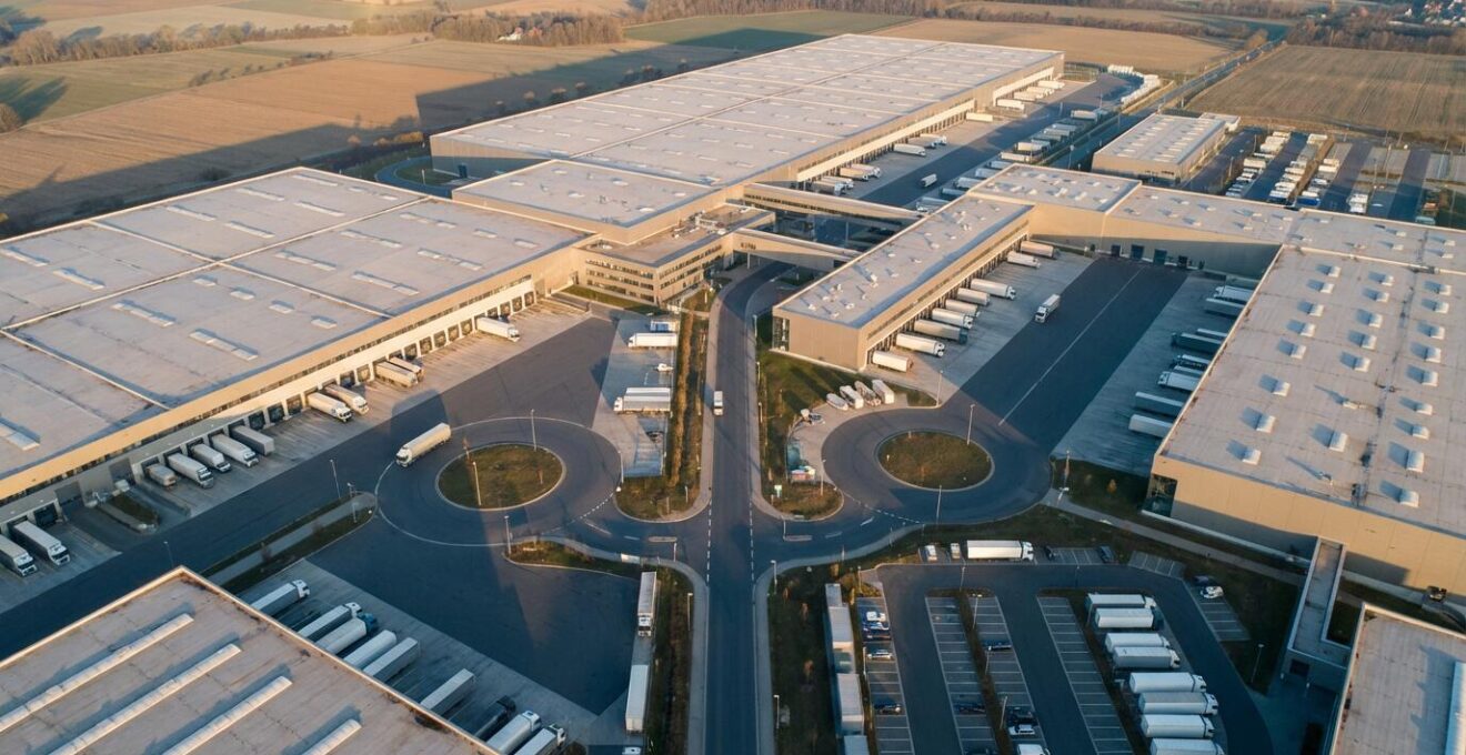 Vogelperspektive auf deutsches Logistik-Cluster mit Lagerhallen und Transportwegen