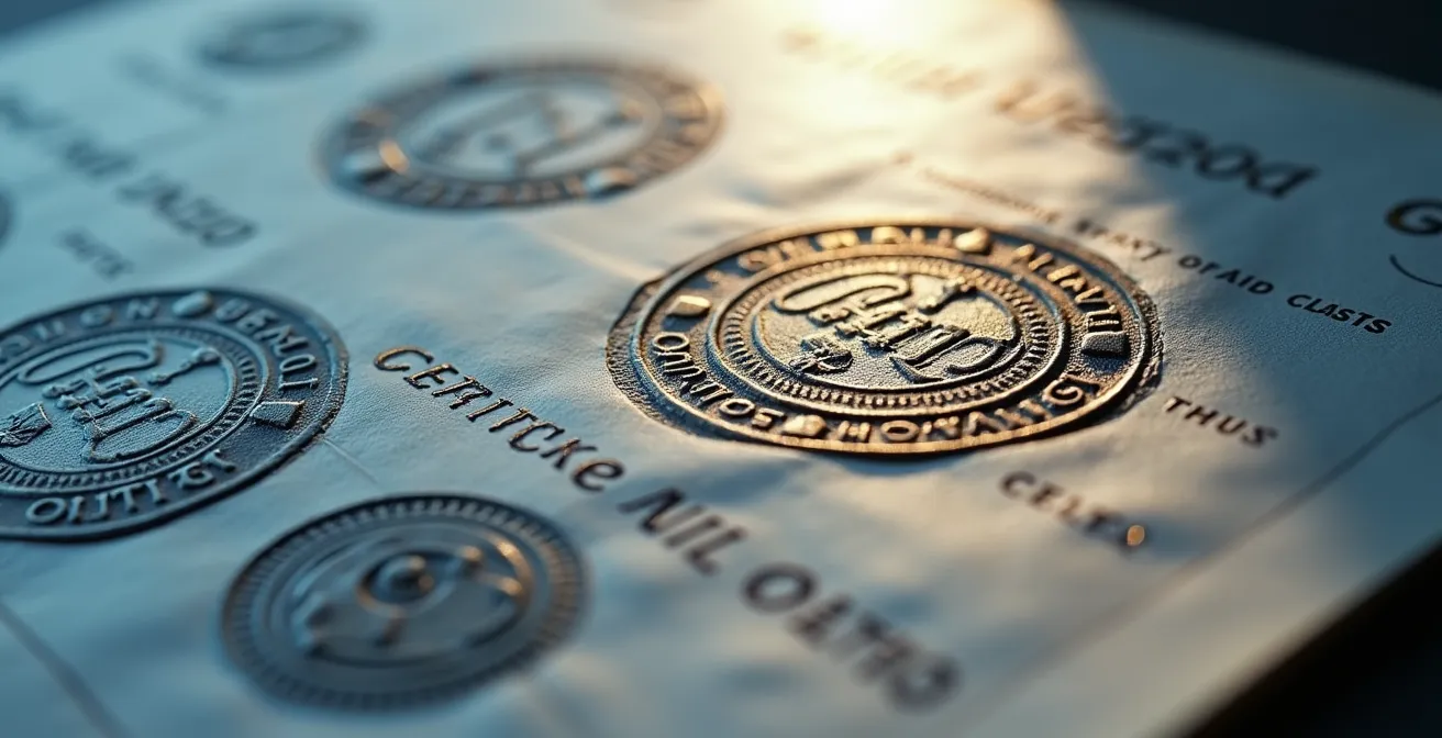 Makroaufnahme eines technischen Merkblatts mit VOC-Kennzeichnung und Prüfsiegeln