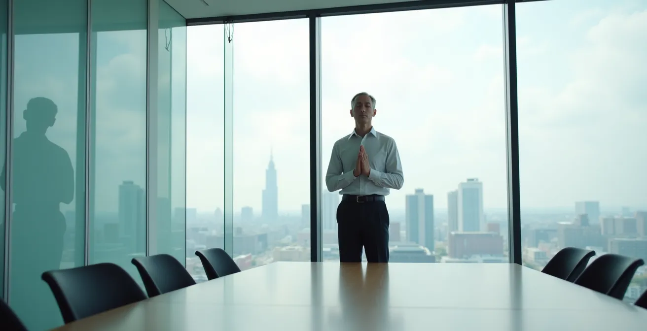 Führungskraft praktiziert mentale Mikro-Übung zwischen Meetings