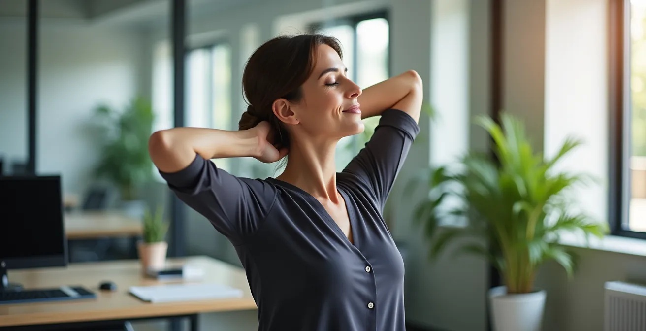 Geschäftsfrau macht diskrete Dehnübung am Schreibtisch mit geschlossenen Augen