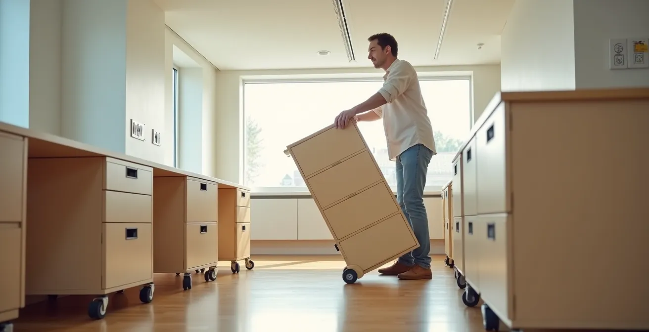 Flexibler Raum mit modularen Möbeln und neutraler Gestaltung