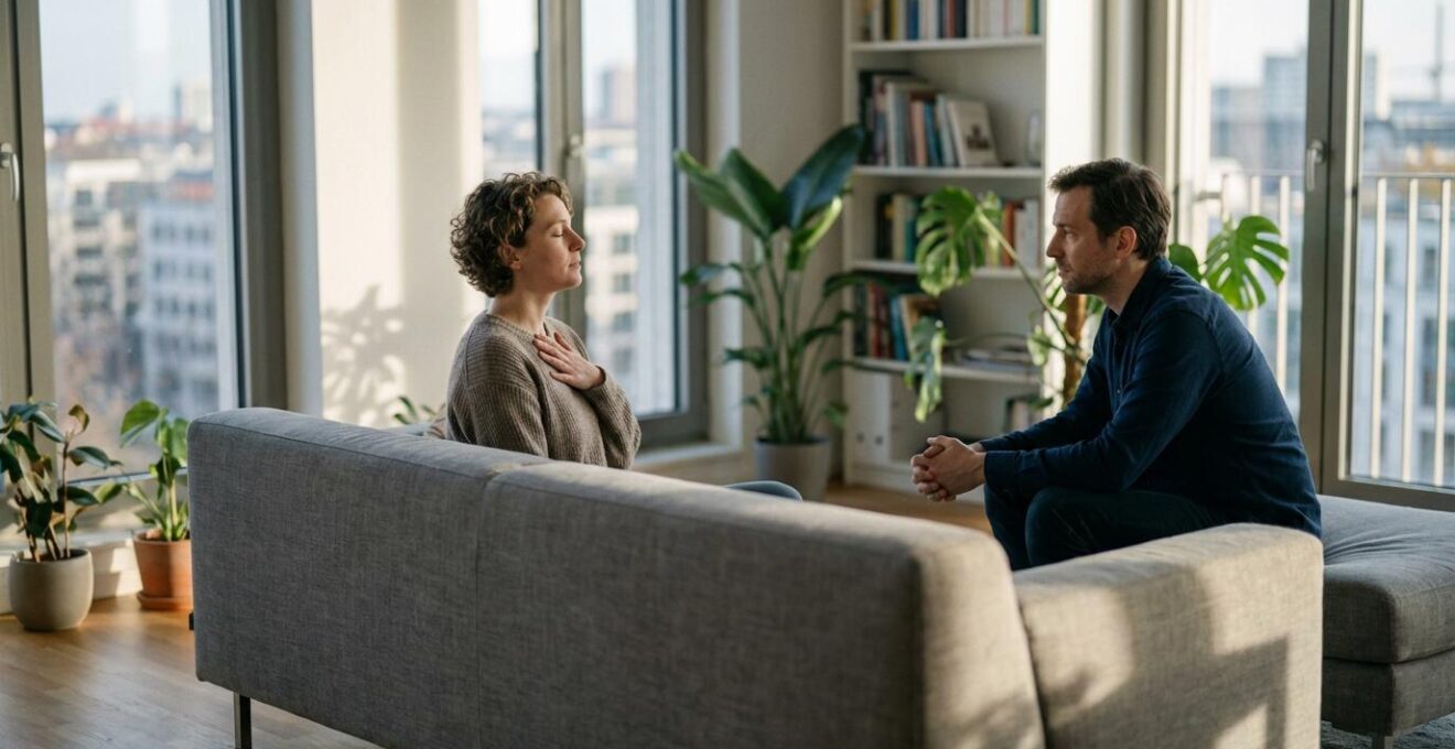 Paar in einem emotionalen Gespräch mit sichtbarer Verbindung trotz Spannung