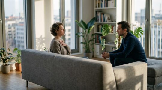 Paar in einem emotionalen Gespräch mit sichtbarer Verbindung trotz Spannung