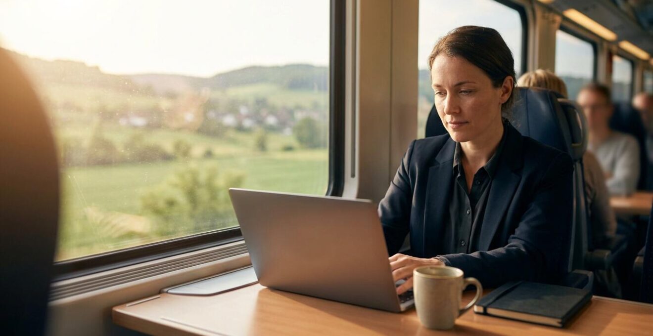 Geschäftsmann arbeitet konzentriert am Laptop im modernen Regionalzug