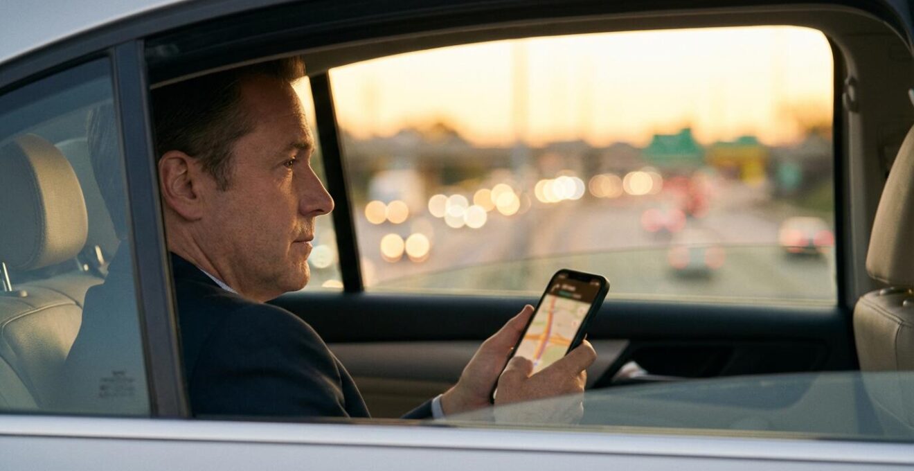 Pendler analysiert verschiedene Routenoptionen auf Smartphone zur Zeitersparnis