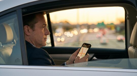 Pendler analysiert verschiedene Routenoptionen auf Smartphone zur Zeitersparnis