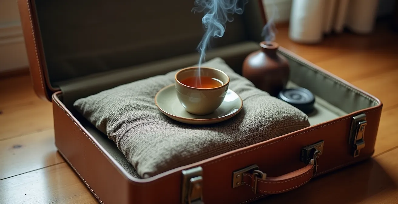 Reisekoffer mit persönlichen Ritualobjekten wie Teetasse und Meditationskissen