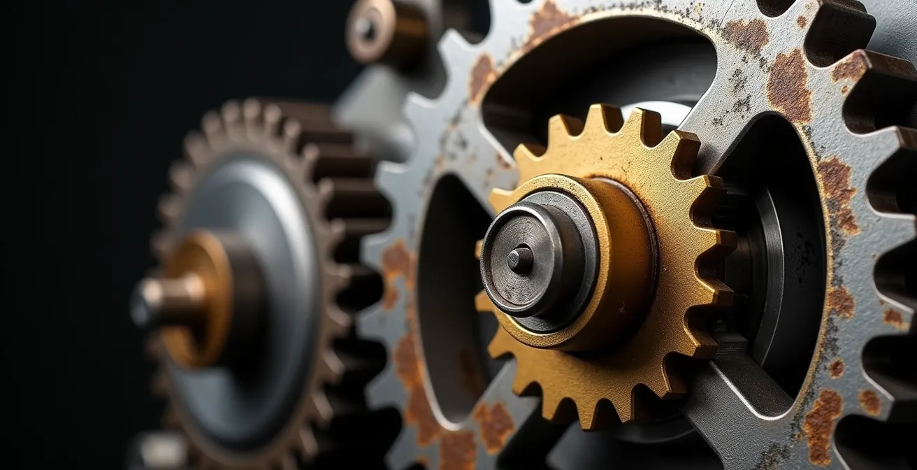 Makroaufnahme von ineinandergreifenden Zahnrädern, eines beschleunigt während andere blockieren