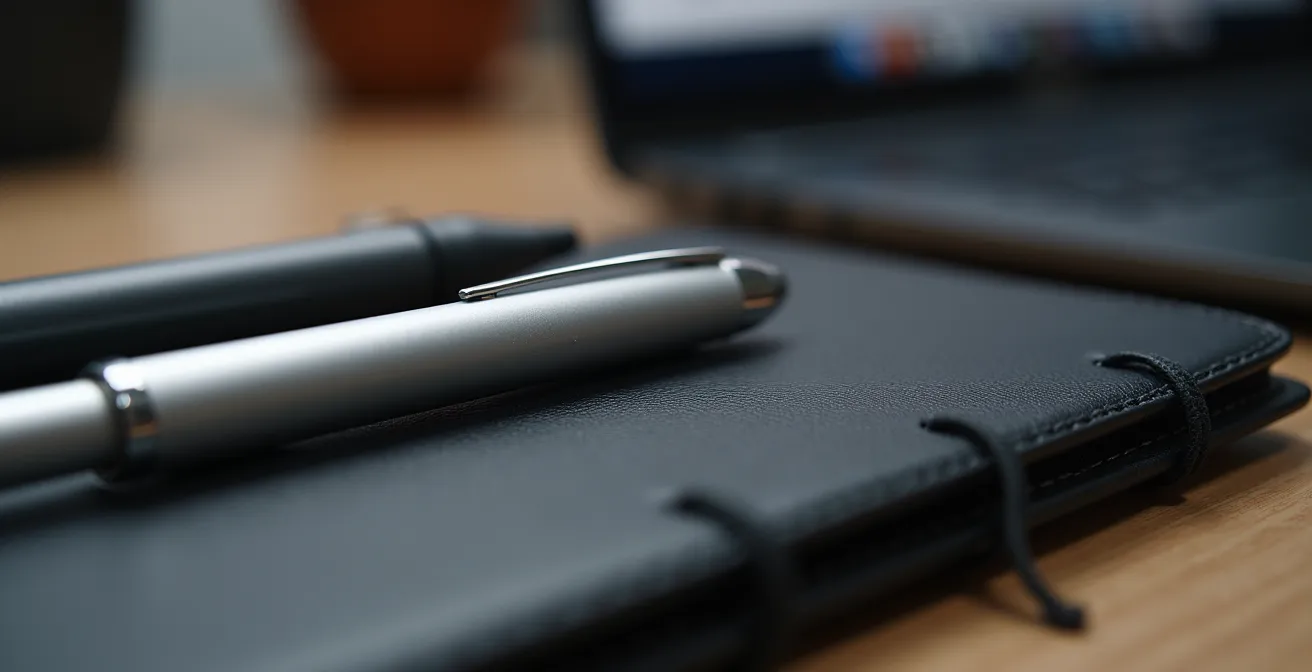 Makroaufnahme eines aufgeräumten Schreibtisch-Details mit professionellem Ambiente