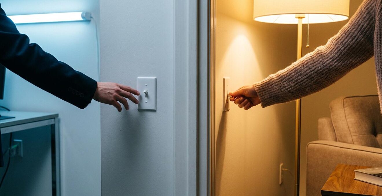 Eine Hand schaltet das kalte, blaue Arbeitslicht aus und das warme, goldene Wohnzimmerlicht an, was den Übergang von Arbeit zu Entspannung symbolisiert.