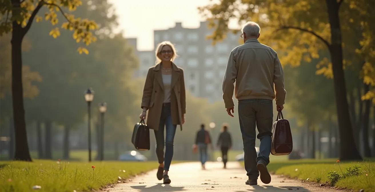 Person macht einen 10-minütigen Spaziergang nach einer Mahlzeit in städtischer Umgebung