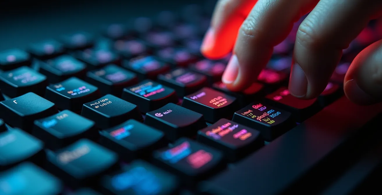 Nahaufnahme von Entwicklerhänden bei Code-Review mit abstrakten Farbmustern