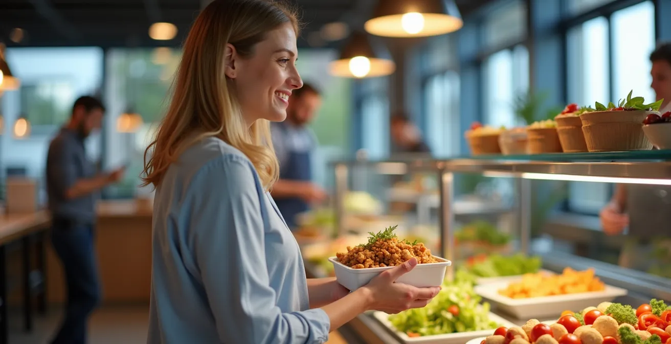 Eine Berufstätige wählt lächelnd zwischen einer vorbereiteten Lunchbox und einem frischen Salat in der Kantine.