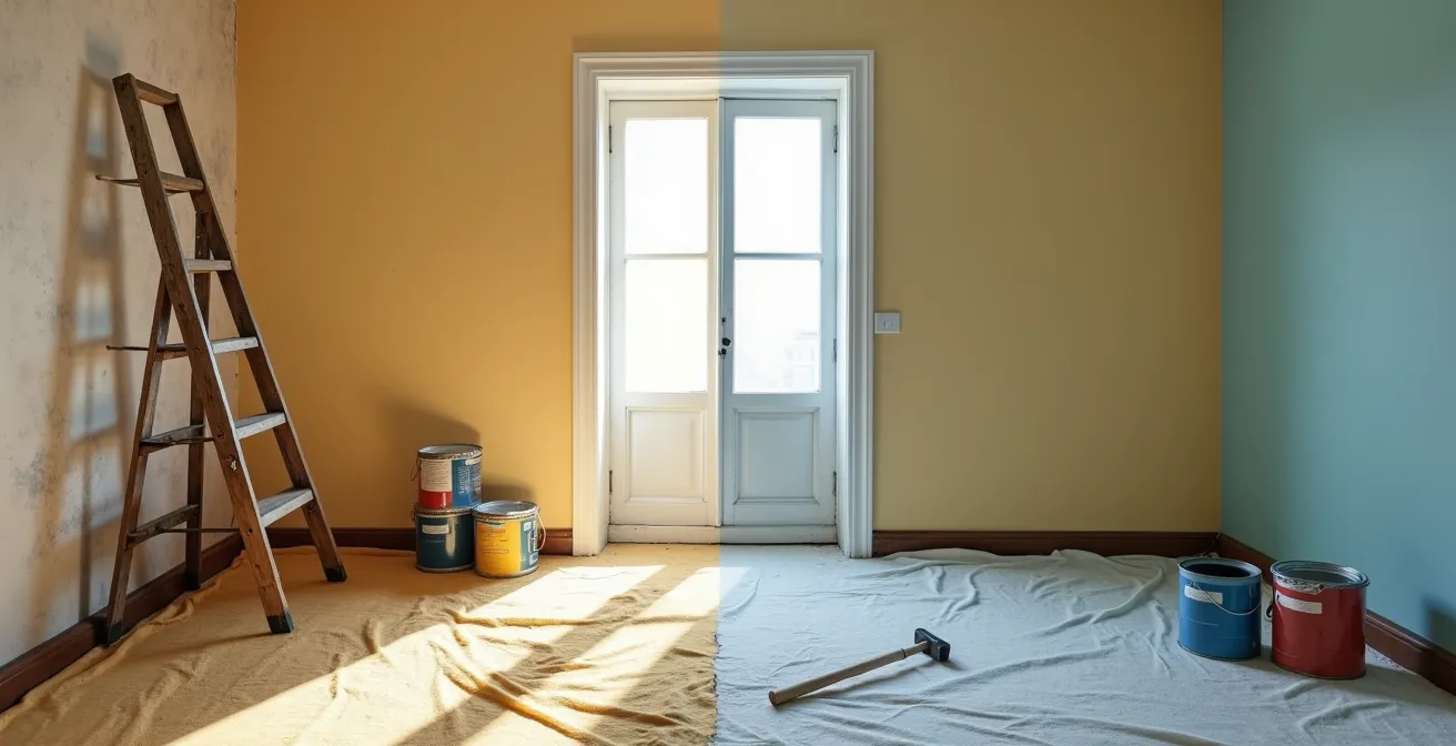 Leere Wohnung während Renovierung zeigt offenen Grundriss und Baustellencharakter