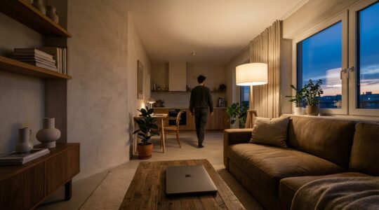 Wohnzimmer mit Laptop am späten Abend, warmes Licht und Abendstimmung