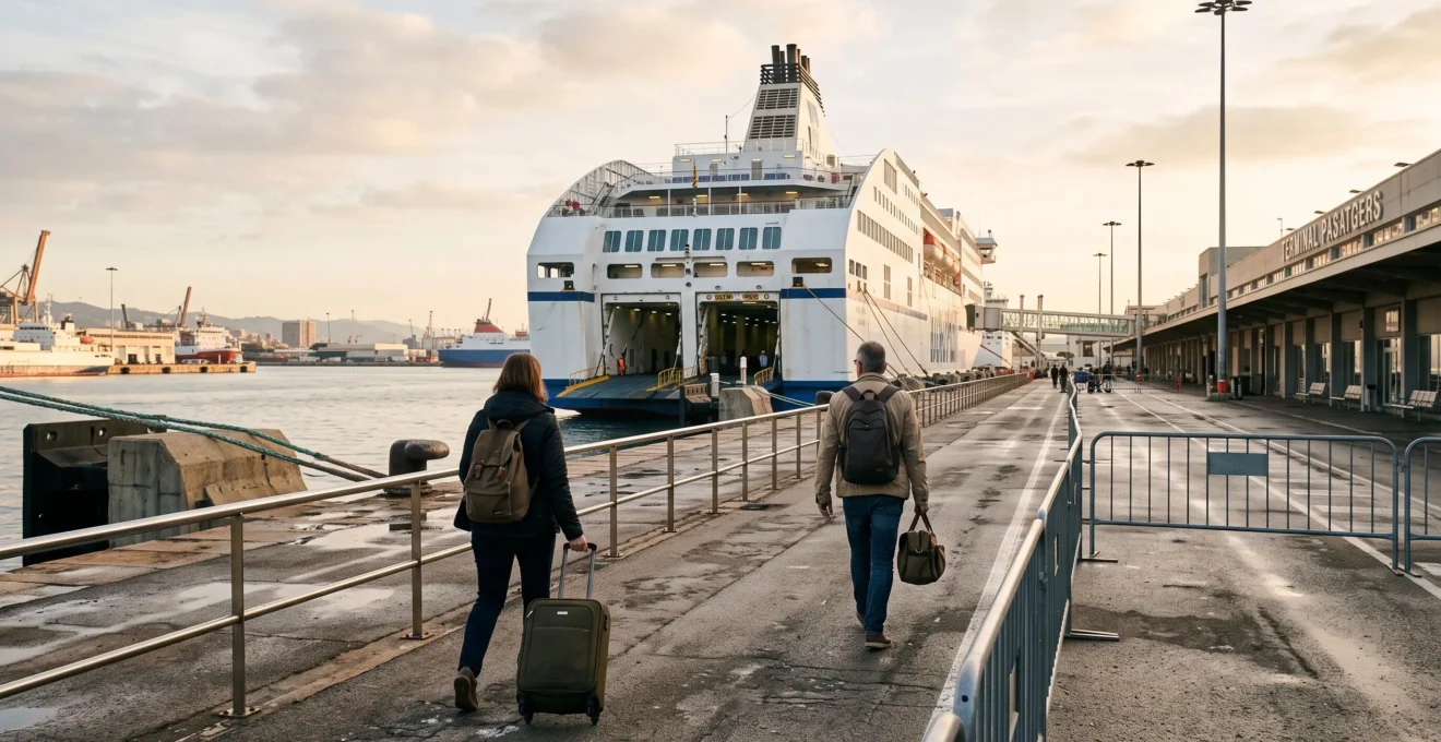 Reisende am Hafen von Barcelona mit Gepäck und Fähre vor der Abfahrt