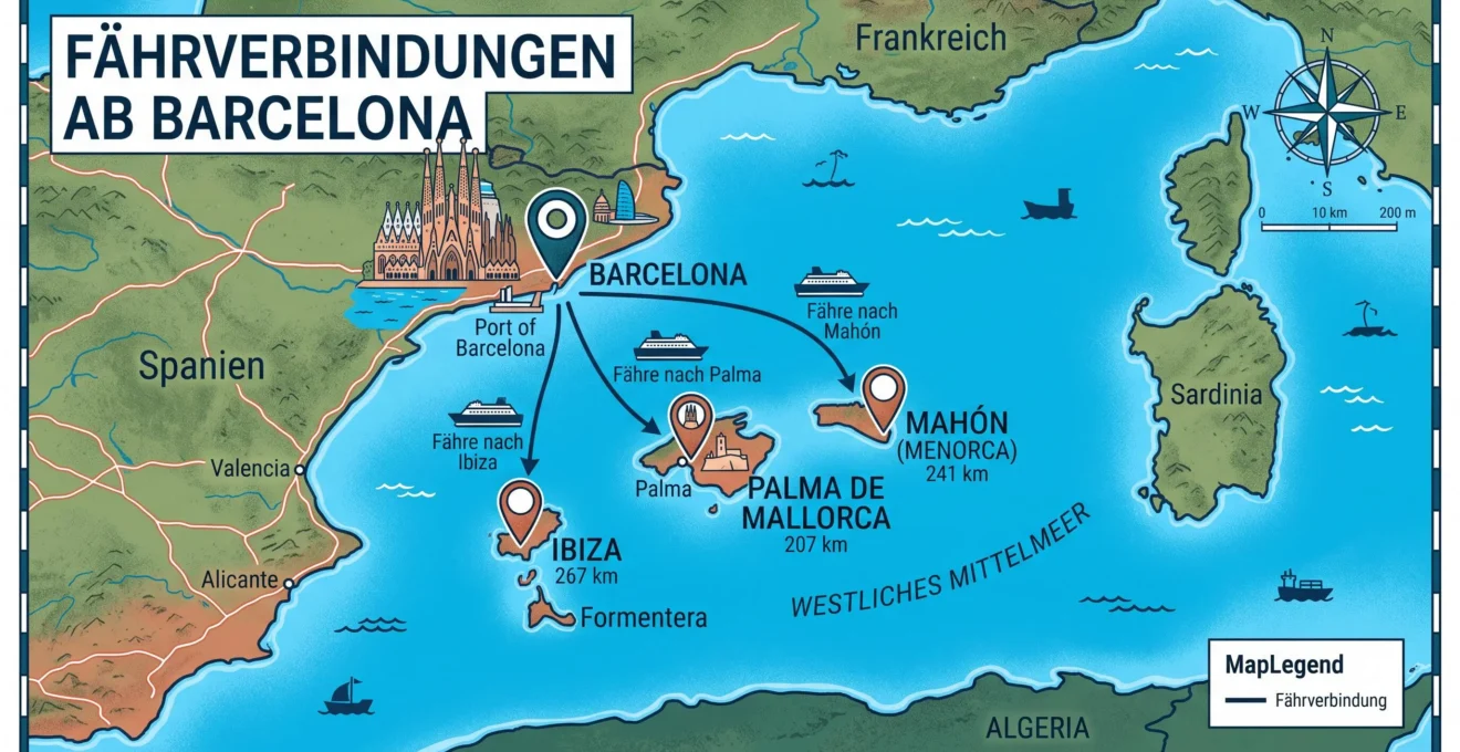 Barcelona mit drei Fährverbindungen nach Mallorca, Ibiza und Menorca