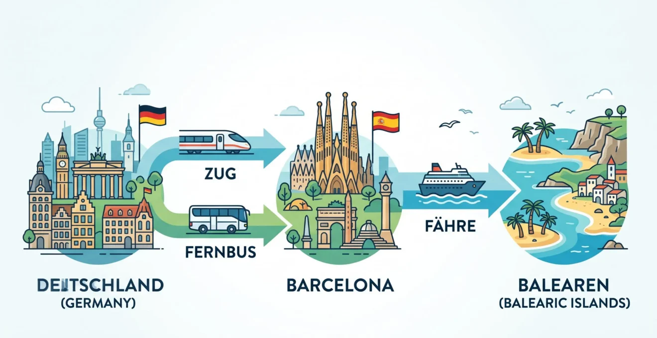 Schematische Route von Deutschland über Barcelona mit Bahn oder Fernbus und weiter per Fähre