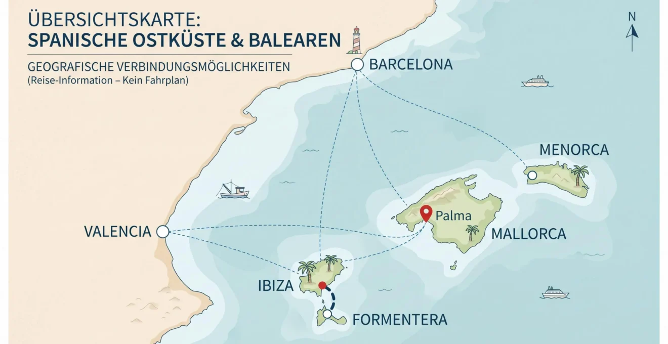 Schematische Verbindung von Barcelona und Valencia zu Mallorca, Menorca und Ibiza sowie Ibiza nach Formentera